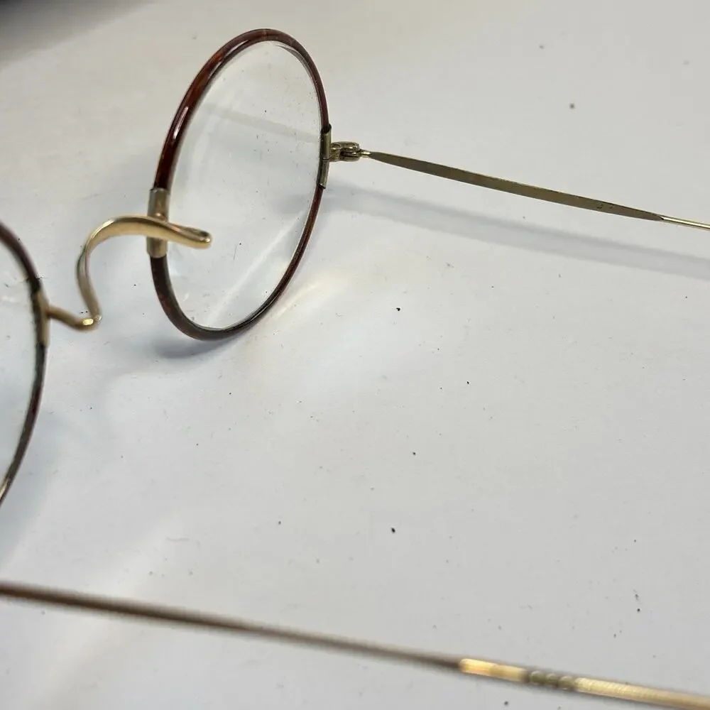 Antique 1/10 12K GF Horn Rim Eyeglasses Round Cable Temple Frames Case AS IS